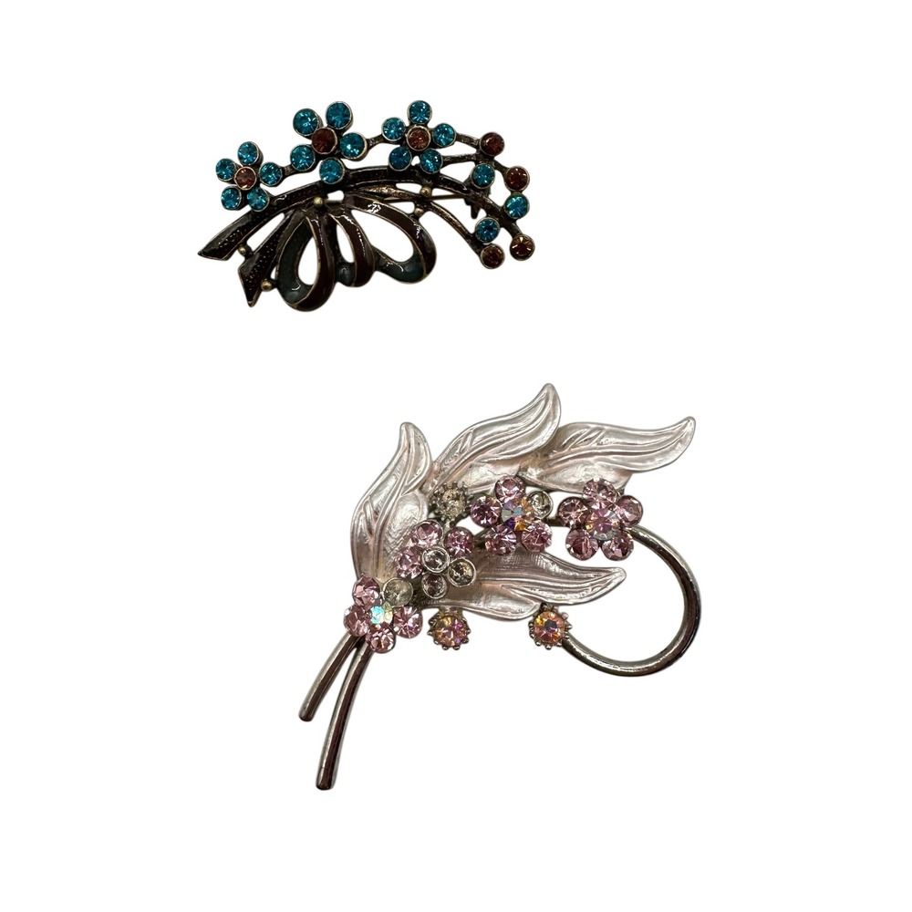 Vtg Lot of 2 Floral Brooch Set Pink Teal Rhinestone Enamel Silver Bronze Tone